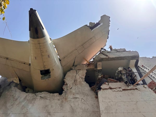 This photo shared on X by India's Central Industrial Security Force (CISF) shows debris of a plane that crashed in the northwestern Indian city of Ahmedabad, in Gujarat state, Thursday, June 12, 2025. (Central Industrial Security Force on X via AP)