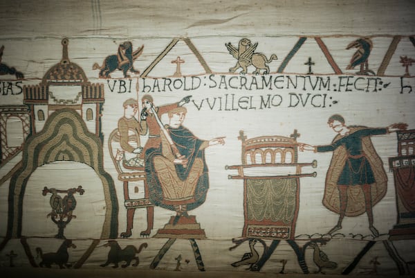 FILE - This photo taken Wednesday, Sept. 18, 2019, shows a detail of the 11th century Bayeux tapestry chronicling the Norman conquest of England, in Bayeux, Normandy, France. (AP Photo/Kamil Zihnioglu, File)