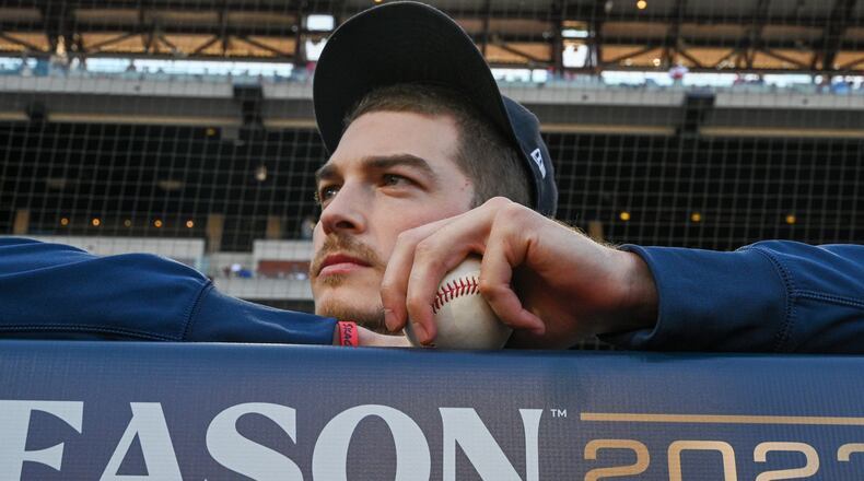 Braves starting pitcher Max Fried prepares to watch NLDS Game 3 in Philadelphia on Wednesday, Oct. 11, 2023. (Hyosub Shin / Hyosub.Shin@ajc.com)