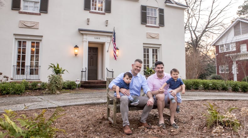 Mike Dorsey, left, and Yovy Gonzalez live with their twin boys Llewyn, left, and Locke in a Druid Hills home designed by by architect Leila Ross Wilburn. (Jenni Girtman/Atlanta Event Photography)