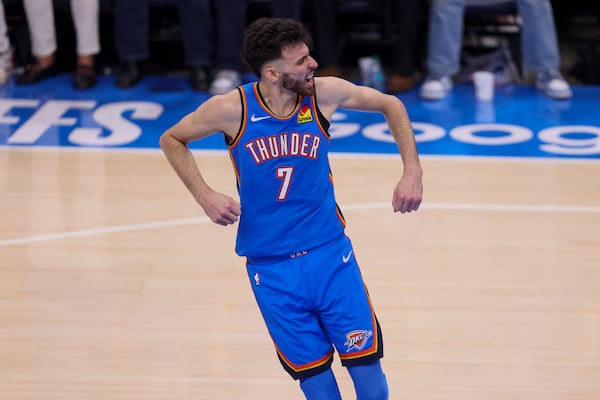 Oklahoma City Thunder forward Chet Holmgren reacts after a play against the Minnesota Timberwolves during the second half of Game 2 of an NBA basketball Western Conference Finals playoff series Thursday, May 22, 2025, in Oklahoma City. (AP Photo/Nate Billings)