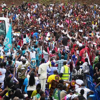 Pope Leo XIV arrives to celebrate Mass at Bamenda Airport, Cameroon, Thursday, April 16, 2026, on the fourth day of his 11-day pastoral visit to Africa. (AP Photo/Andrew Medichini)