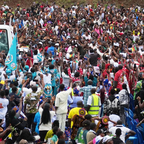 Pope Leo XIV arrives to celebrate Mass at Bamenda Airport, Cameroon, Thursday, April 16, 2026, on the fourth day of his 11-day pastoral visit to Africa. (AP Photo/Andrew Medichini)
