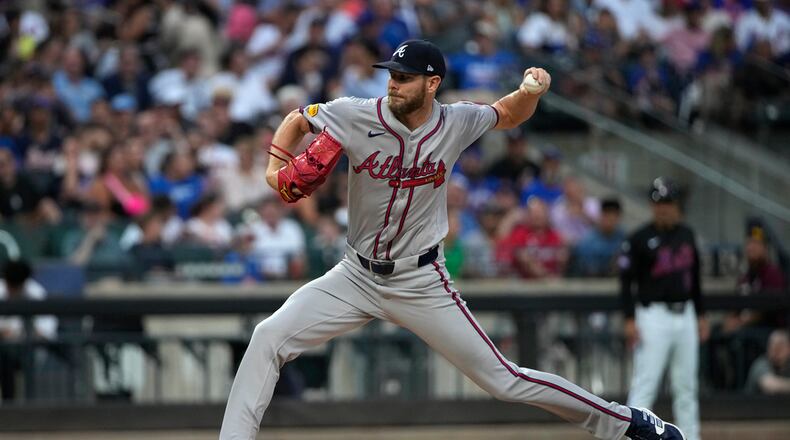 Chris Sale of the Braves pitches during the first inning of a baseball game against the New York Mets, Thursday, July 25, 2024, in New York. (AP Photo/Pamela Smith)