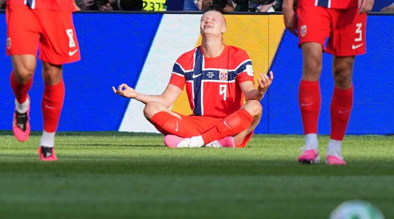 Norway's Erling Haaland celebrates scoring his side's opening goal during the World Cup Group I soccer match between Iraq and Norway in Foxborough, Mass., near Boston, Tuesday, June 16, 2026. (AP Photo/Martin Meissner)