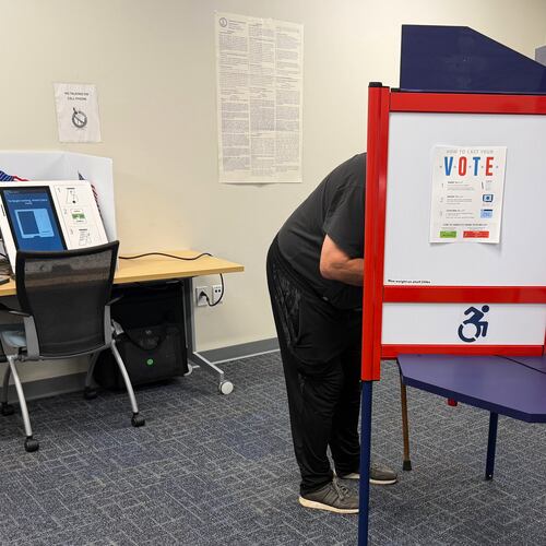 A voter casts a ballot in Henrico County, Va., on the first day of in-person early voting Friday, Sept. 18, 2026. (AP Photo/Sarah Rankin)