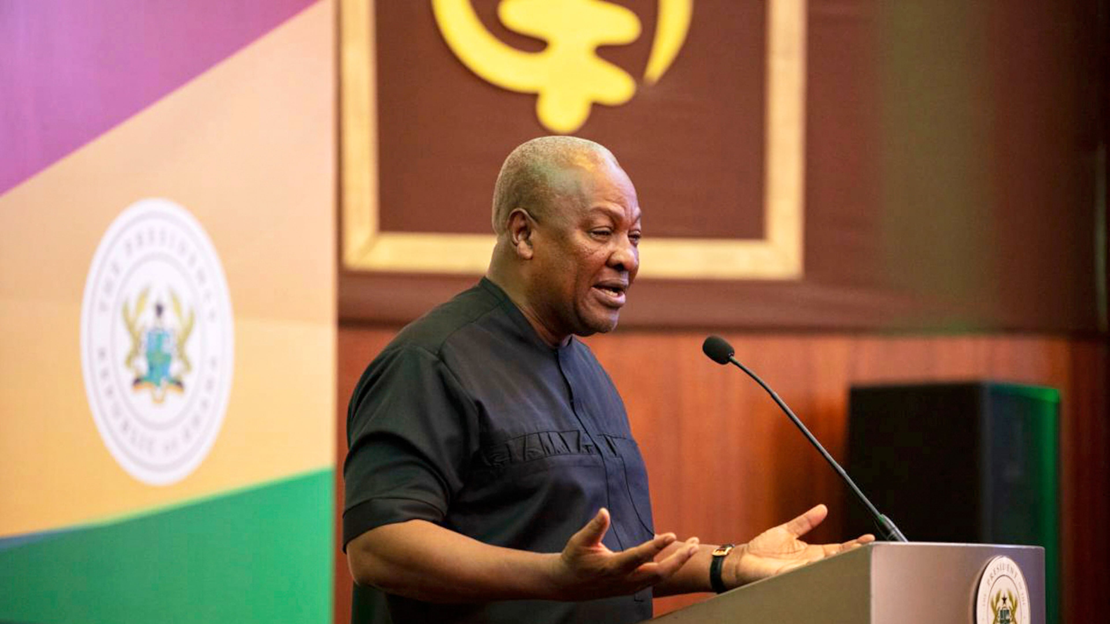 FILE - Ghana's President John Mahama speaks to the media at the Jubilee House in Accra, Ghana, Sept. 10, 2025. (Ghana Presidency via AP, File)