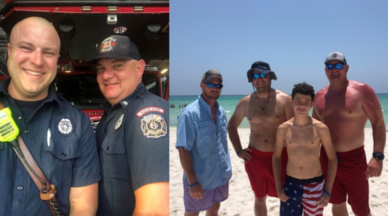 Right photo: Jered Rogers (from left) and Gainesville firefighters Andrew Lathem and Robby Buffington saved 13-year-old Hunter Madlock after he swam too far away from a sandbar in Panama City Beach. Left photo: Lathem (left) and Buffington are public safety divers.