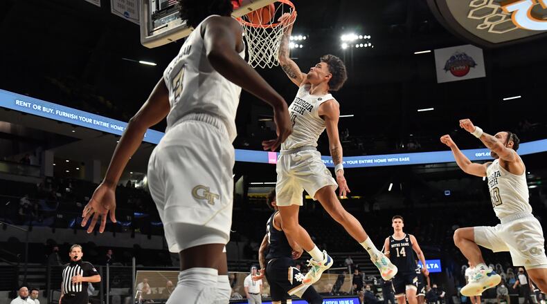 February 6, 202, 2021 Atlanta - Georgia Tech's guard Jordan Usher (4) dunks the ball in the second half of a NCAA college basketball game at Georgia Tech's McCamish Pavilion in Atlanta on Saturday, February 6, 2021. Georgia Tech won 82-80 over Notre Dame. (Hyosub Shin / Hyosub.Shin@ajc.com)