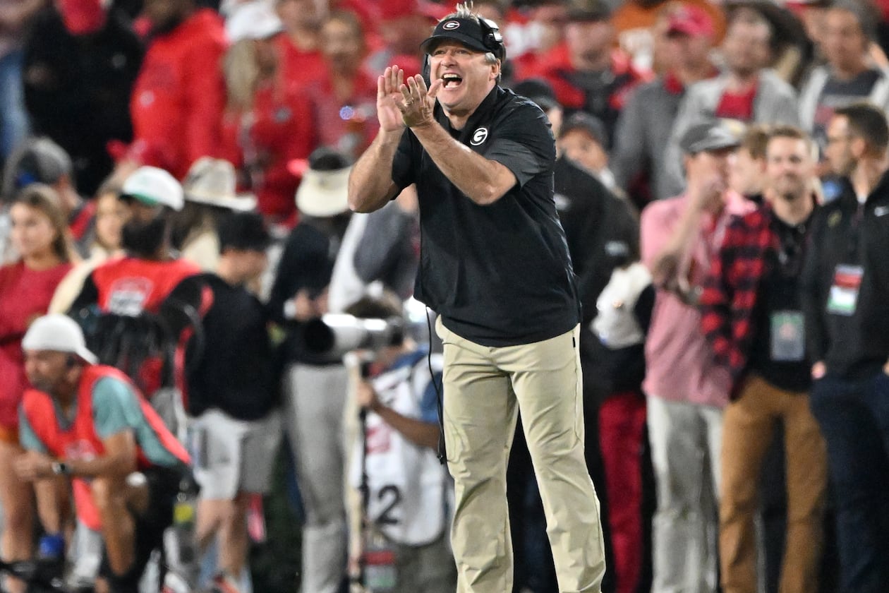 Georgia head coach Kirby Smart shouts instructions during the first half in an NCAA football game at Sanford Stadium, Saturday, November 15, 2025, in Athens. (Hyosub Shin / AJC)