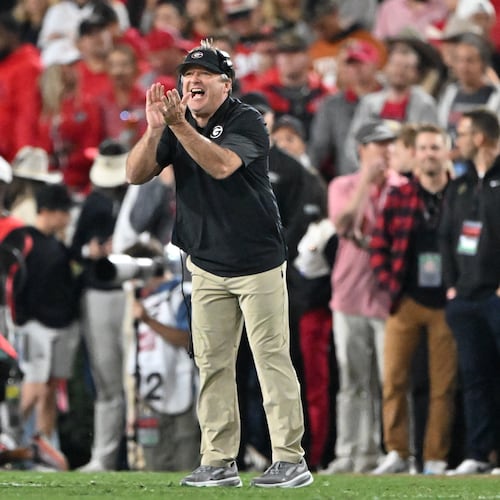 Georgia head coach Kirby Smart shouts instructions during the first half in an NCAA football game at Sanford Stadium, Saturday, November 15, 2025, in Athens. (Hyosub Shin / AJC)