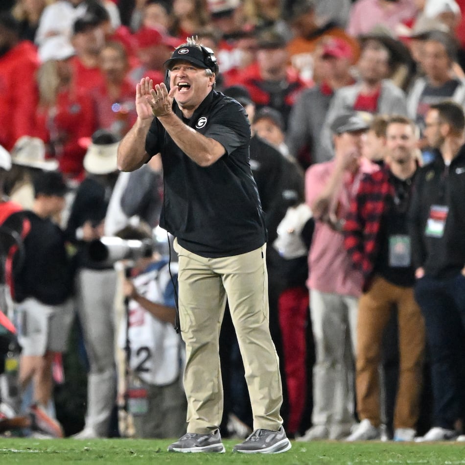 Georgia head coach Kirby Smart shouts instructions during the first half in an NCAA football game at Sanford Stadium, Saturday, November 15, 2025, in Athens. (Hyosub Shin / AJC)