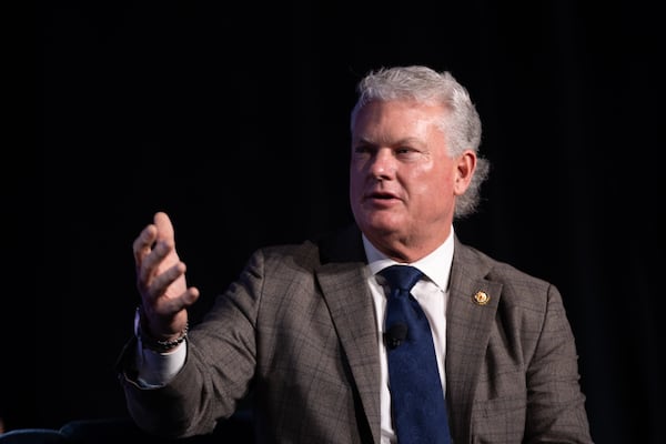 Speaking at the Georgia Chamber Congressional Luncheon on Wednesday, U.S. Rep. Mike Collins pitched himself as an everyman’s voice as he described how he navigates legislation through a labyrinthine Congress. (Arvin Temkar/AJC)
