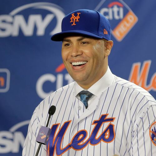 FILE - New York Mets' Carlos Beltran smiles during an introductory baseball news conference in New York, Nov. 4, 2019. (AP Photo/Seth Wenig, File)