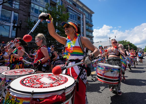 Members of Batalá Washington D.C. perform during the World Pride parade, Saturday, June 7, 2025, in Washington. (AP Photo/Alex Brandon)