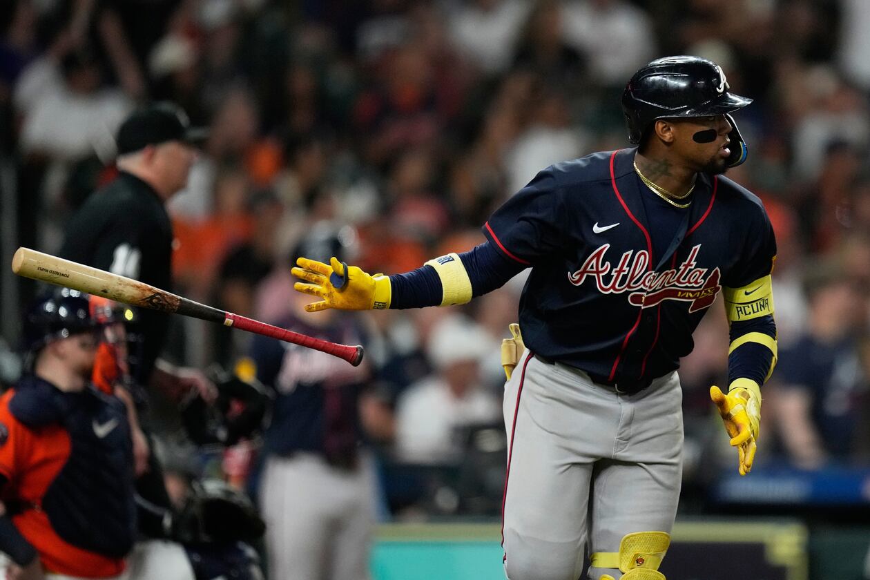 Braves outfielder Ronald Acuña Jr. tosses his bat after hitting a home run against the Astros on Friday, Sept. 18, 2026, in Houston. The team has six games remaining: three against the Reds, then three against the Marlins. (Ashley Landis/AP)