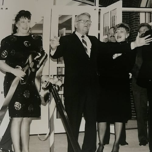 From left: Anita Farley (Georgia Ensemble co-founder and managing director), former Roswell Mayor William Lee "Pug" Mabry and Robert Farley (Georgia Ensemble co-founder and artistic director) attend the ribbon cutting ceremony for Georgia Ensemble Theatre in 1992 at the Roswell Cultural Arts Center. (Courtesy of Laurel Farley Crowe)