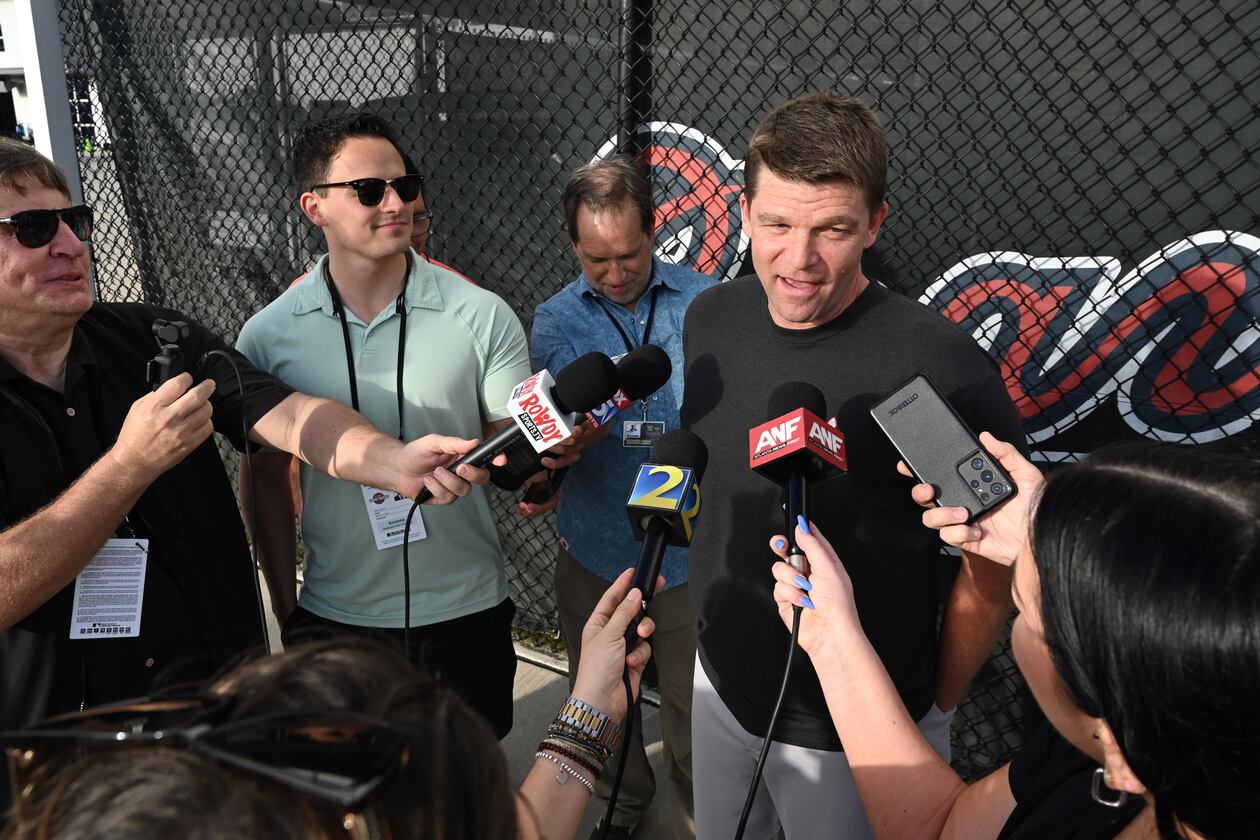 Atlanta Braves new hitting coach Tim Hyers answers questions from members of the press during spring training workouts at CoolToday Park, Saturday, February 15, 2025, North Port, Florida. (Hyosub Shin / AJC)