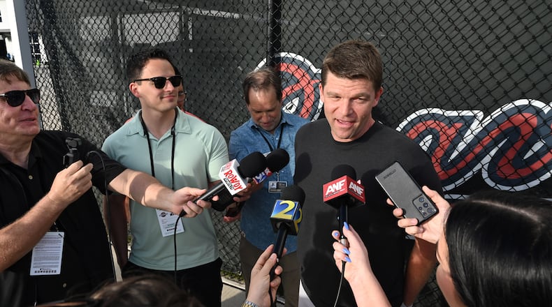 Atlanta Braves new hitting coach Tim Hyers answers questions from members of the press during spring training workouts at CoolToday Park, Saturday, February 15, 2025, North Port, Florida. (Hyosub Shin / AJC)