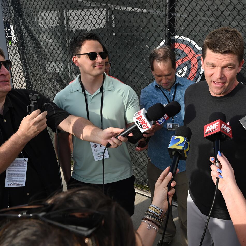 Atlanta Braves new hitting coach Tim Hyers answers questions from members of the press during spring training workouts at CoolToday Park, Saturday, February 15, 2025, North Port, Florida. (Hyosub Shin / AJC)