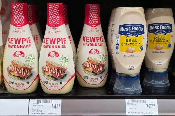 Imported Japanese Kewpie mayonnaise, left and Best Foods real mayonnaise are displayed side by side at 99 Ranch Market, an Asian grocery store in Los Angeles Monday, April 7, 2025. (AP Photo/Damian Dovarganes)