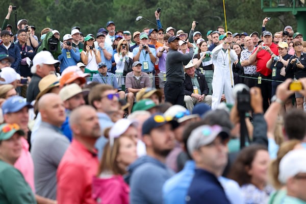 Tiger Woods tees off on the eighth hole during Tuesday's practice round at Augusta National Golf Club.