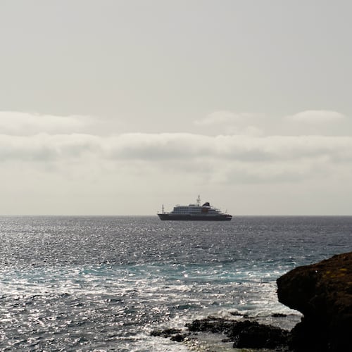 A view of the m/v Hondius Cruise ship anchored at a port in Praia, Cape Verde, Monday, May 4, 2026. (AP Photo/Arilson Almeida)