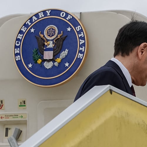 Secretary of State Marco Rubio boards his plane at Malmo Airport, Friday, May 22, 2026, in Malmo-Sturup, Sweden. (AP Photo/Julia Demaree Nikhinson, Pool)