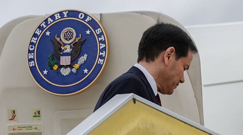 Secretary of State Marco Rubio boards his plane at Malmo Airport, Friday, May 22, 2026, in Malmo-Sturup, Sweden. (AP Photo/Julia Demaree Nikhinson, Pool)