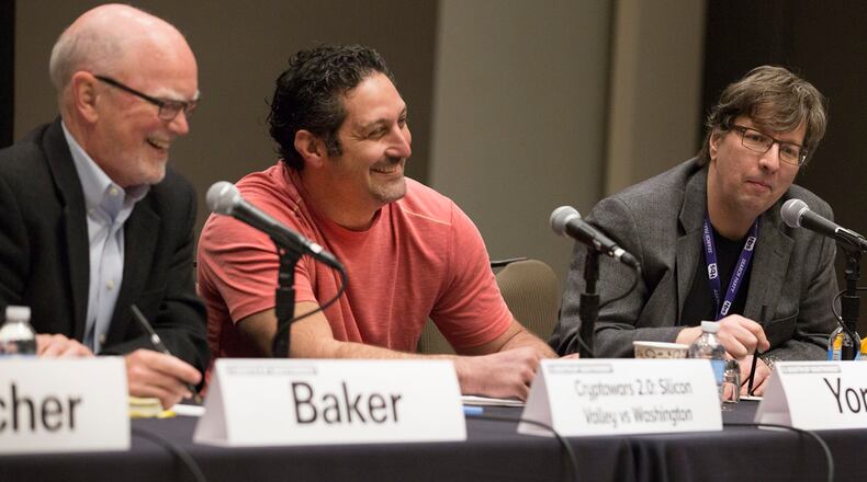(from left) Stewart Baker, former General Counsel of the National Security Agency, Amit Yoran, president of security company RSA, and University of Pennsylvania professor Matt Blaze discuss cyber security during the SXSW Interactive panel Cryptowars 2.0: Silicon Valley Vs. Washington on March 14, 2016. (John Clark for American-Statesman)