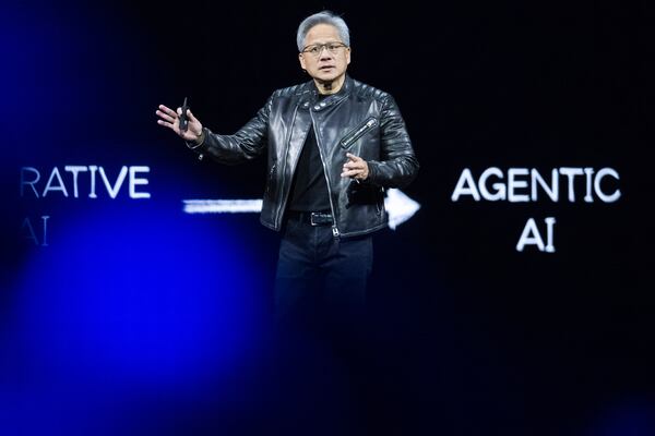 CEO Jensen Huang talks during the keynote address of Nvidia GTC Tuesday, March 18, 2025, in San Jose, Calif. (AP Photo/Nic Coury)