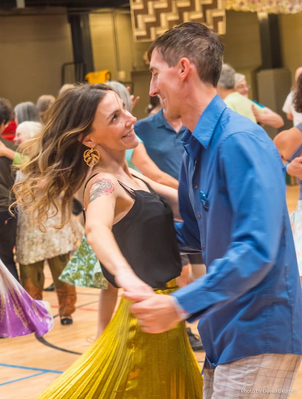 Erin Margate Dorman (left) and Nathan Cox at a contra dance in 2019. (Courtesy of Dave Pokorney)
