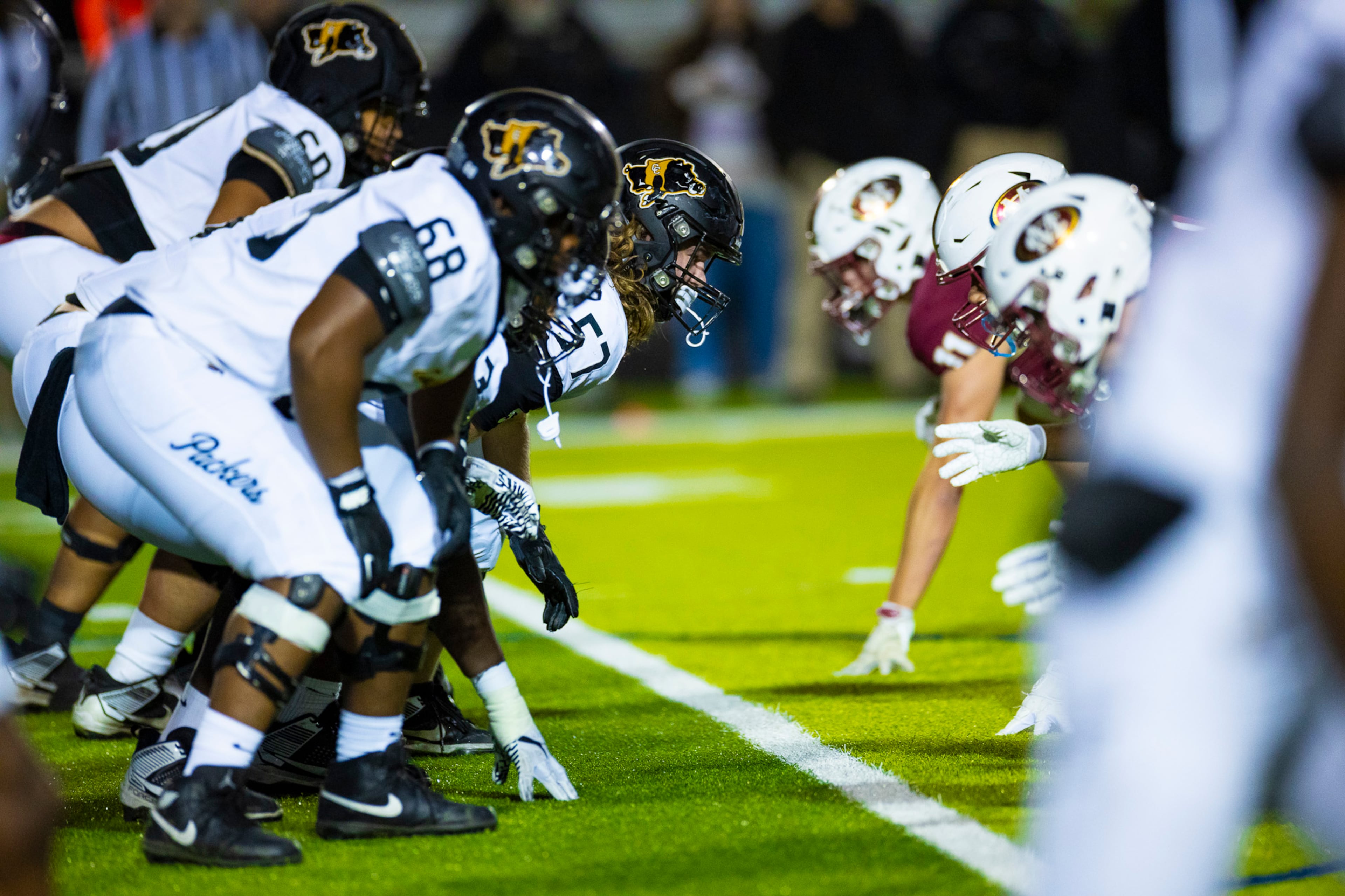 Colquitt and Mill Creek players get in formation during the second at Mill Creek Community Stadium in Hoschton on Nov. 14th, 2025. (Oscar Guevara Saenz for the AJC)