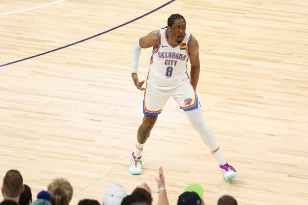 Oklahoma City Thunder forward Jalen Williams reacts in front of fans during the second half of Game 4 of the Western Conference finals of the NBA basketball playoffs against the Minnesota Timberwolves Monday, May 26, 2025, in Minneapolis. (AP Photo/Matt Krohn)