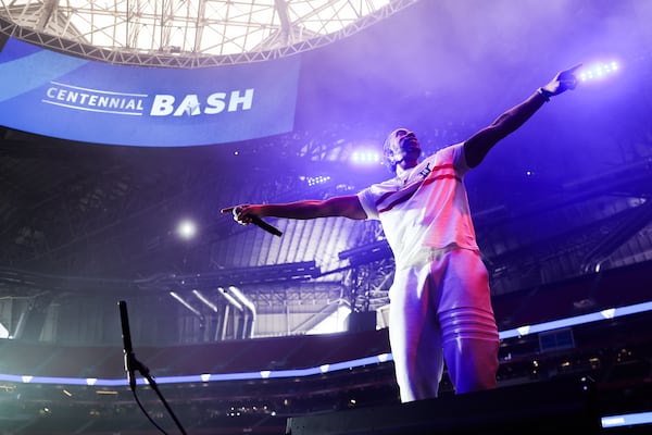 Ludacris performs during the Delta Centennial Bash, at Mercedes-Benz Stadium in Atlanta on Saturday, Oct. 11, 2025. (Abbey Cutrer/AJC)