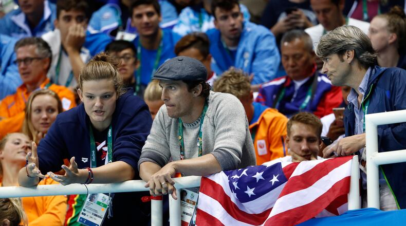 RIO DE JANEIRO, BRAZIL - AUGUST 11: Actor Matthew McConaughey attends the evening swim session on Day 6 of the Rio 2016 Olympic Games at the Olympic Aquatics Stadium on August 11, 2016 in Rio de Janeiro, Brazil. (Photo by Clive Rose/Getty Images)