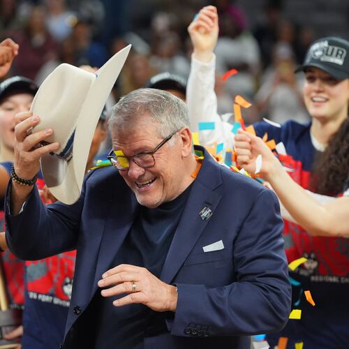 UConn head coach Geno Auriemma reacts after his team defeated Notre Dame in the Elite Eight of the NCAA college basketball tournament, Sunday, March 29, 2026, in Fort Worth, Texas. (AP Photo/LM Otero)
