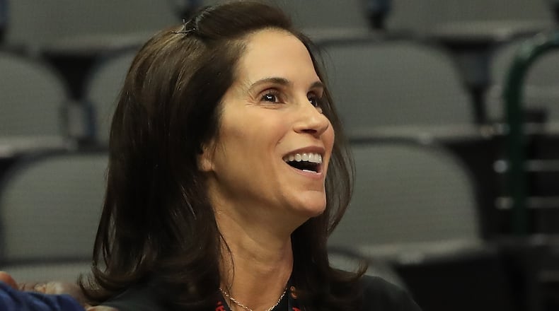 Actress Jami Gertz before a game between the Atlanta Hawks and the Dallas Mavericks at American Airlines Center on Oct. 18, 2017 in Dallas, Texas.
