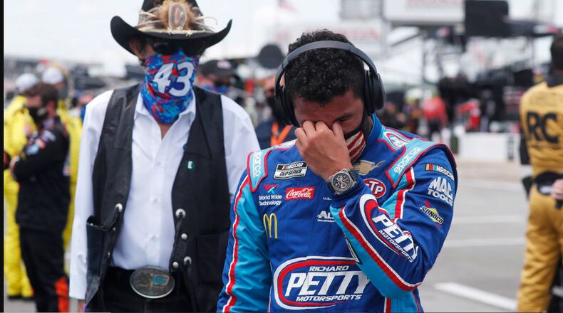 NASCAR driver Bubba Wallace with team owner Richard Petty Monday in Talladega, Ala.
