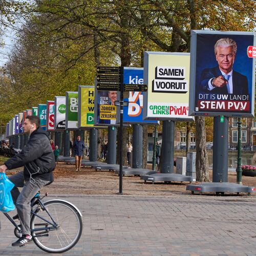 Election billboards of 26 of the 27 political parties participating in the Oct. 29 general elections are lined up in The Hague, Netherlands, Wednesday, Oct. 22, 2025. (AP Photo/Peter Dejong)