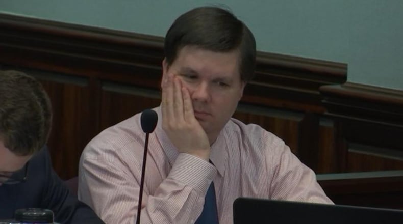 Justin Ross Harris listens to Det. Phil Stoddard testify on Monday. WSB