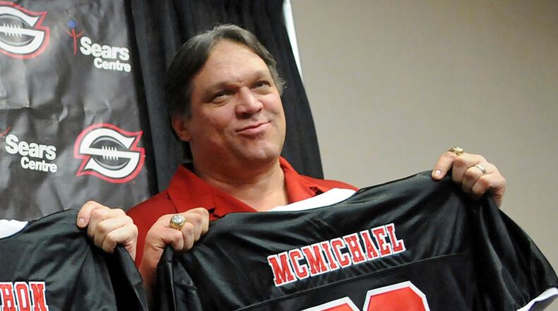 FILE - Former Chicago Bears defensive tackle Steve McMichael holds a Chicago Slaughter jersey during a news conference Feb. 19, 2010, in Chicago. (John J. Kim/Chicago Sun-Times via AP, File)