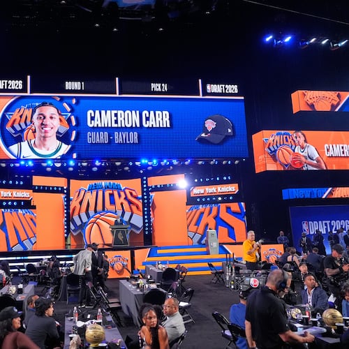 in the first round of the NBA basketball draft, Tuesday, June 23, 2026, in New York. (AP Photo/Yuki Iwamura)