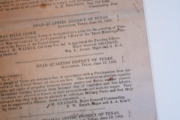 A view of a section of the 1865 Juneteenth General Order No. 3 that is displayed by the Dallas Historical Society at the Fair Park Hall of State in Dallas, Friday, June 6, 2025. (AP Photo/LM Otero)