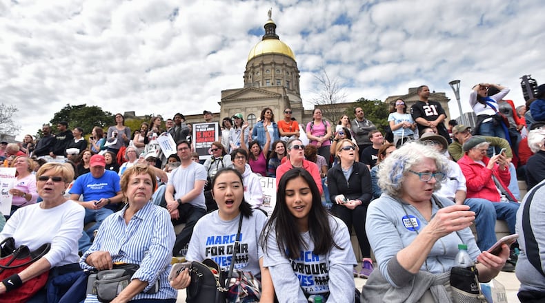 Thousands of people gather in Liberty Plaza in March for the March For Our Lives rally in downtown Atlanta. Former Gov. Roy Barnes said that protests after the Parkland, Fla., shooting have changed the political dynamic, with candidates, especially Georgia Democrats, embracing issues they would not have in the past. HYOSUB SHIN / HSHIN@AJC.COM