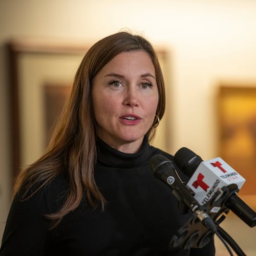 FILE - Salt Lake City Mayor Erin Mendenhall speaks at the Salt Lake City International Airport in Salt Lake City, Oct. 16, 2025. (AP Photo/Marielle Scott, File)