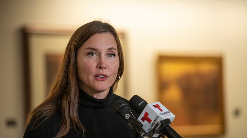 FILE - Salt Lake City Mayor Erin Mendenhall speaks at the Salt Lake City International Airport in Salt Lake City, Oct. 16, 2025. (AP Photo/Marielle Scott, File)