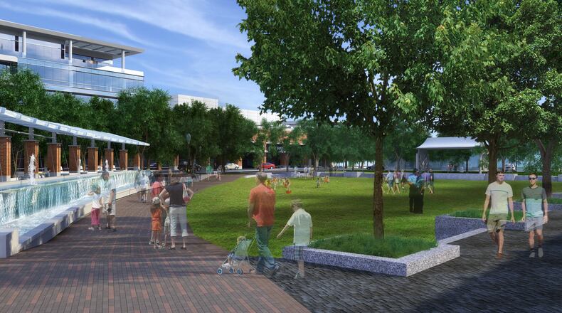 A rendering of the City Springs development, a new town center for Sandy Springs that will feature a city hall, performing arts center, retail and residences.