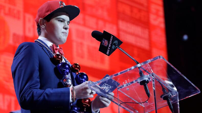 Kacey Reynolds, 19, announes that Louisiana State linebacker Devin White has been selected by the Tampa Bay Buccaneers in the first round at the NFL football draft, Thursday, April 25, 2019, in Nashville, Tenn.