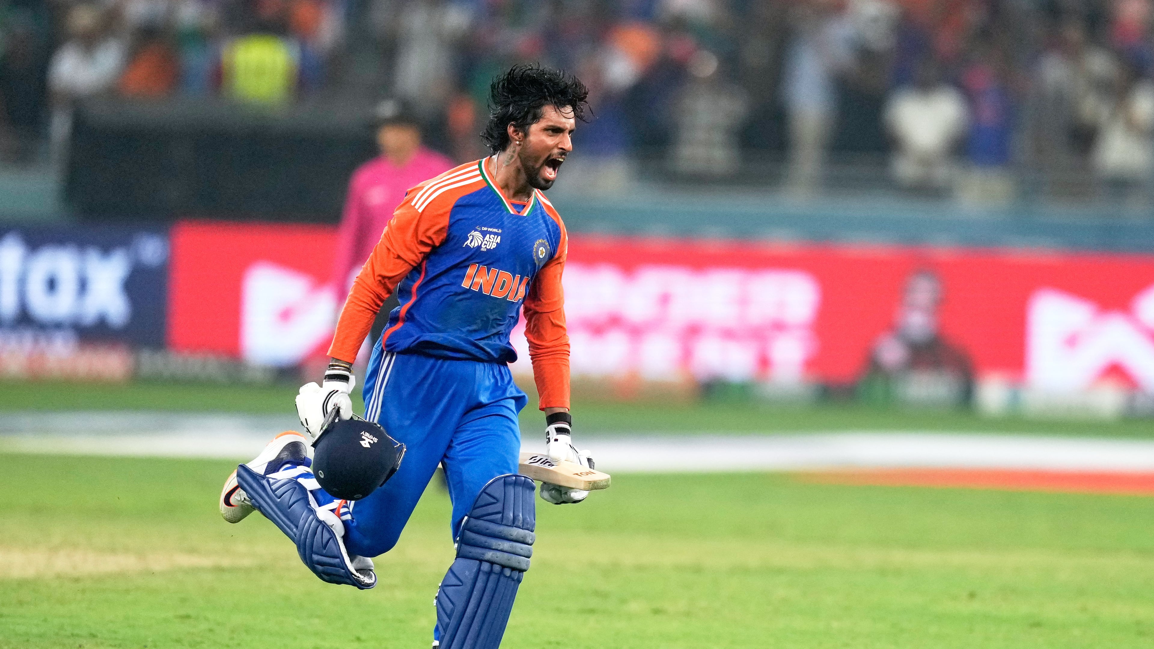 India's Tilak Varma reacts after India won the Asia Cup cricket final against Pakistan at Dubai International Cricket Stadium, United Arab Emirates, Sunday, Sept. 28, 2025. (AP Photo/Altaf Qadri)